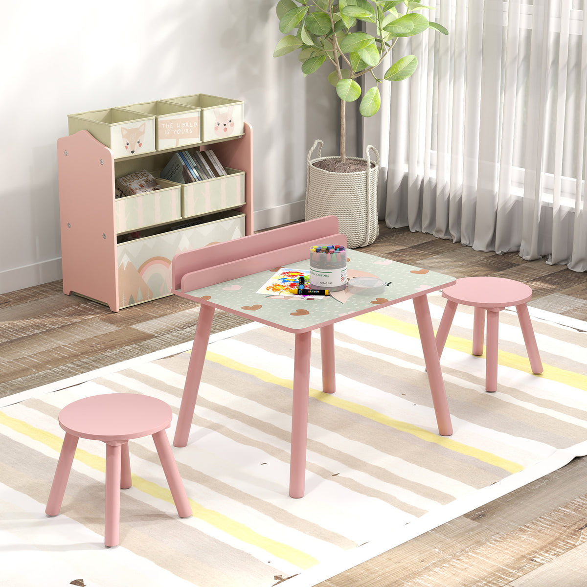 Ensemble table et chaise enfant table pour enfant avec chaise avec porte-livres motifs d'ours pour enfants 3-8 ans rose