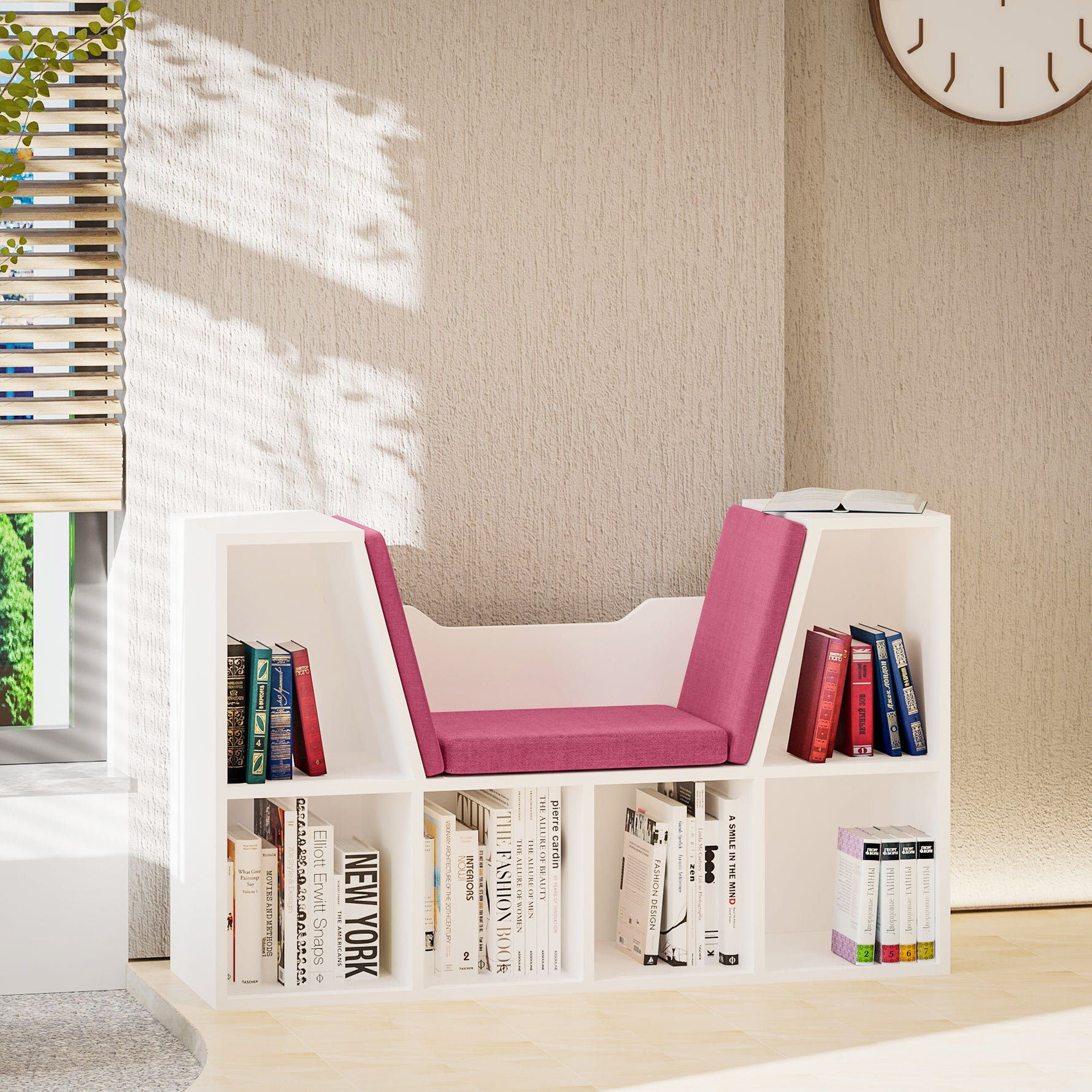 Bibliothèque banc 2 en 1 avec coussins de siège, étagère cube 6 compartiments ouverts et 2 niveaux, meuble de