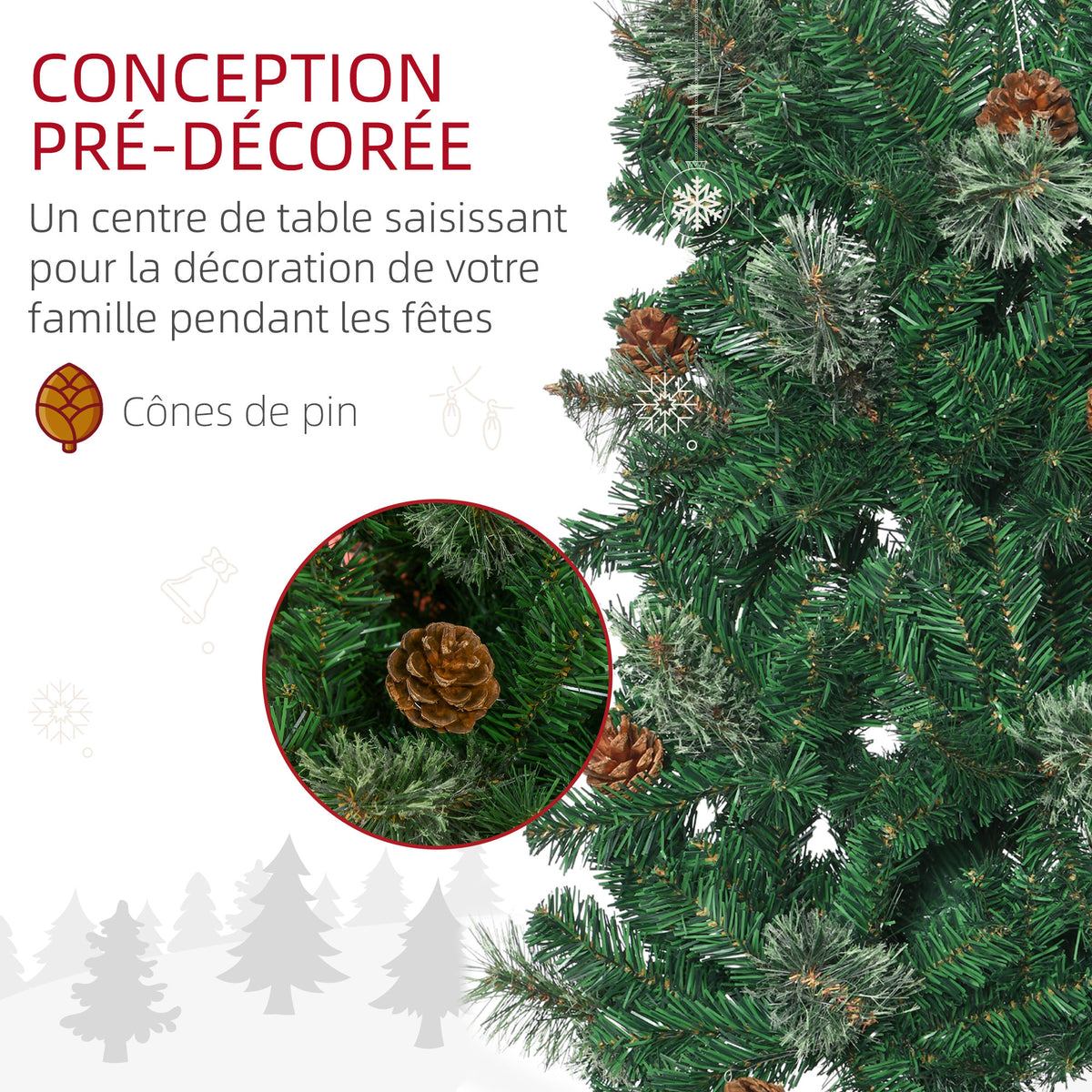 Sapin arbre de Noël artificiel 195 cm 556 branches avec 27 pommes de pin+ support pied pliable vert