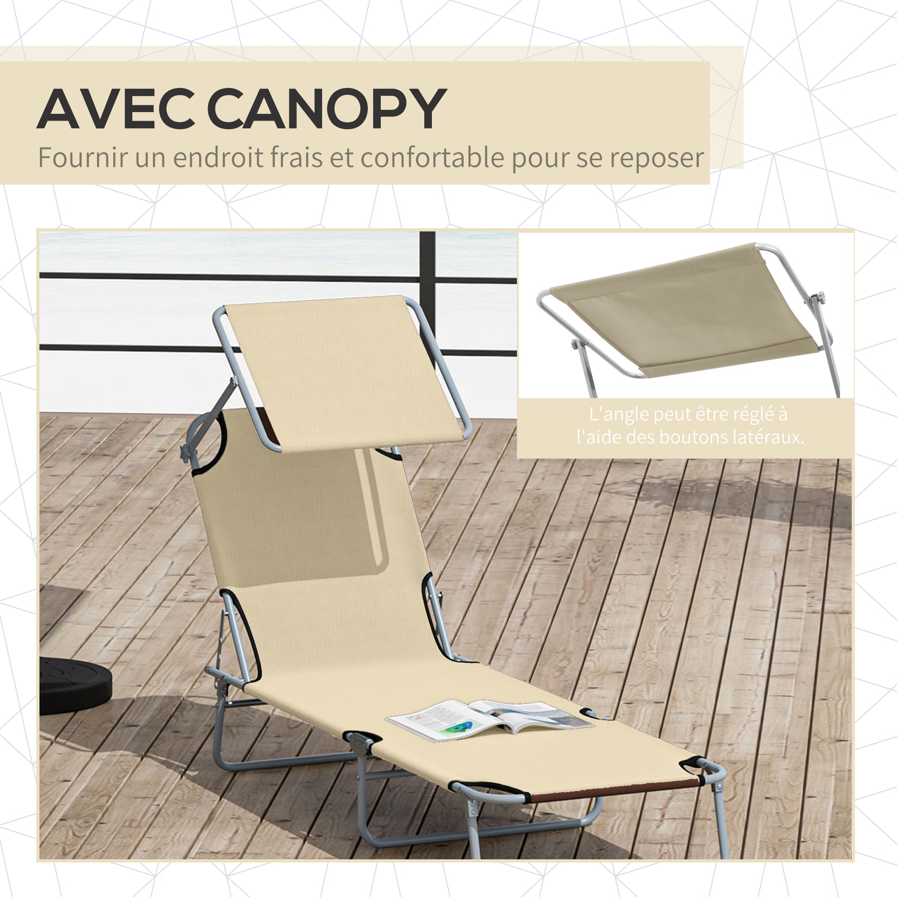 Transat Bain de Soleil Pliable Chaise Longue Pliante Dossier Inclinable Multi-positions et Pare-Soleil réglable