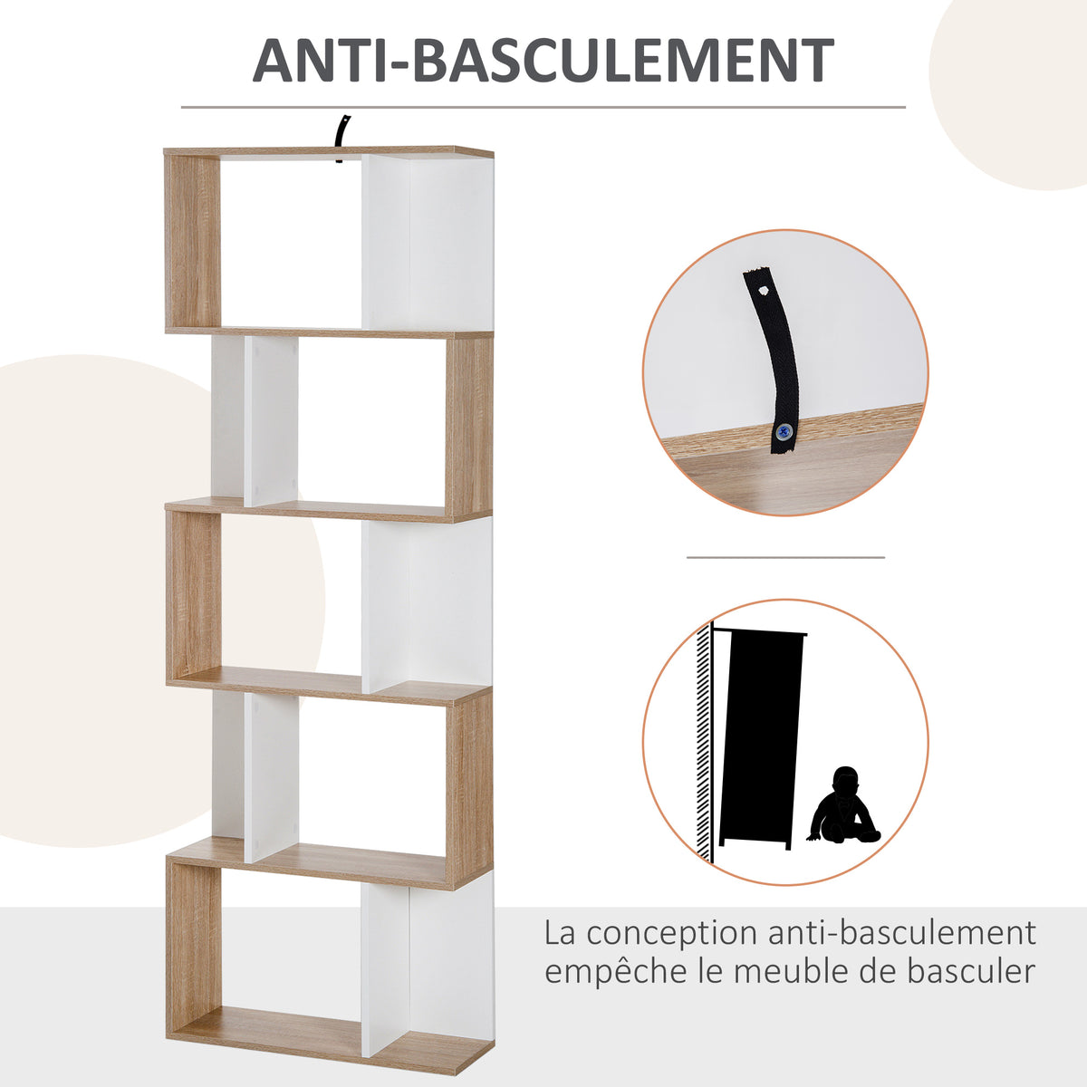 Bibliothèque à 5 niveaux, meuble de rangement en forme de S avec étagères, étagère de rangement blanc