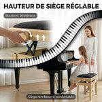 Banc de Piano, Tabouret Piano Réglable en Hauteur 45-56 cm, Banc de Clavier, Siège Rembourré en Velours, Bois Naturel