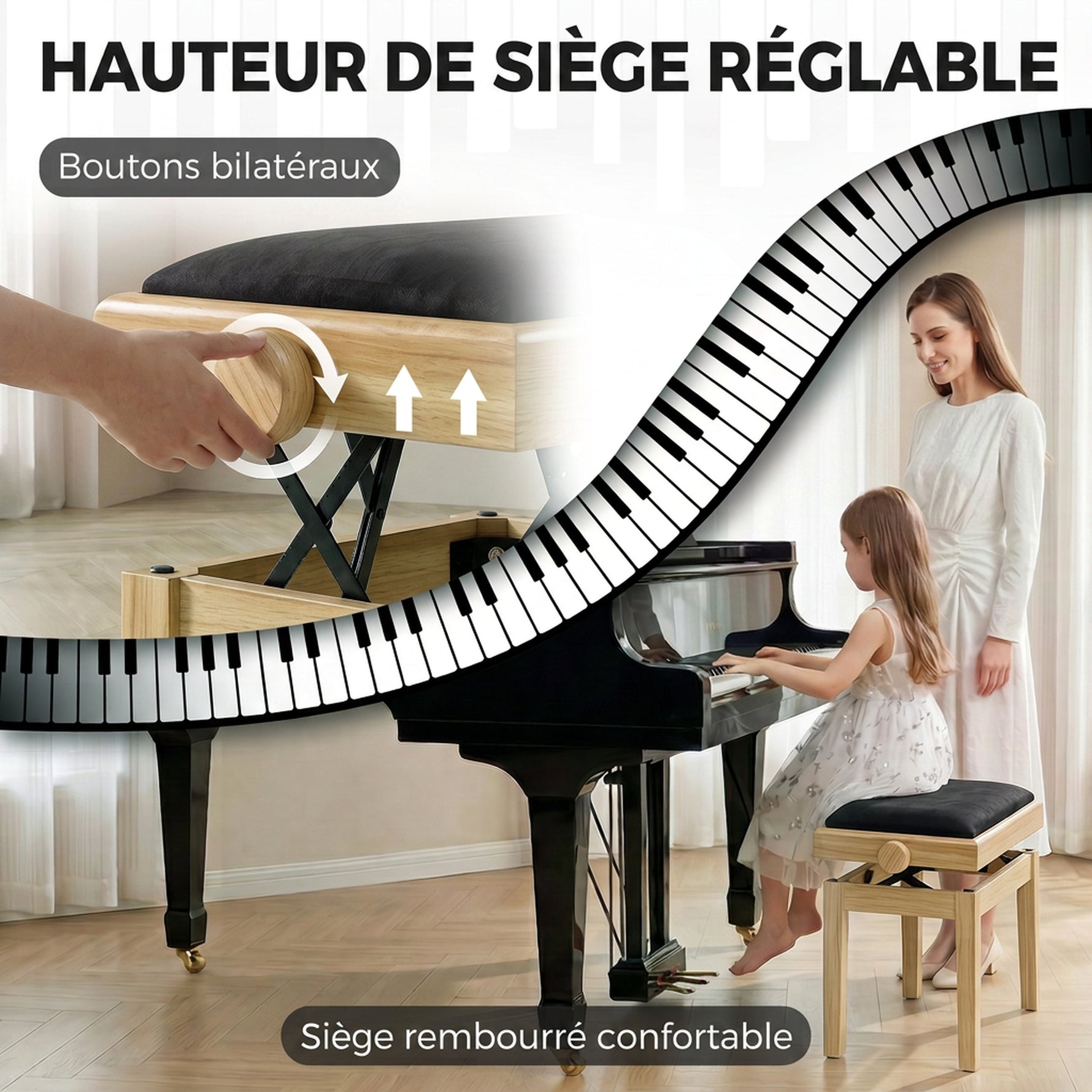 Banc de Piano, Tabouret Piano Réglable en Hauteur 45-56 cm, Banc de Clavier, Siège Rembourré en Velours, Bois Naturel