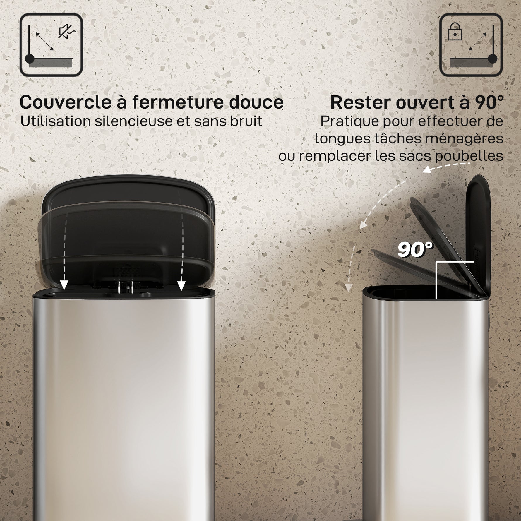 Poubelle cuisine 50L, poubelle à pédale, seau intérieur amovible, couvercle à fermeture douce, 45,1x36,5x62,6cm, gris