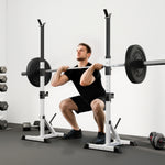 Verstelbaar Stalen Squat Rack, belastbaarheid 200 kg, houder voor 3 halterstangen met haken, 58,5x75,5x136-176 cm, zilver
