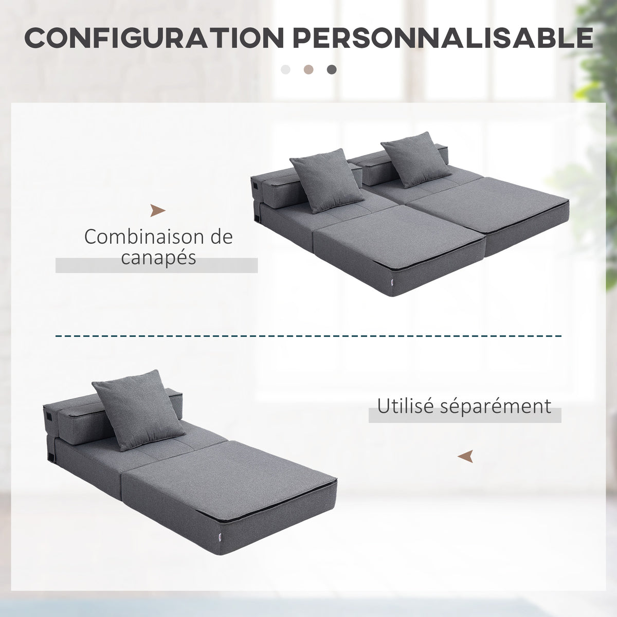 Chauffeuse canapé-lit convertible fauteuil 1 place avec 1 coussin déhoussable, tissu gris