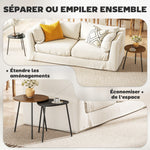Lot de 2 tables basses gigognes, tables d'appoint contemporain cadre en métal, ronde et triangulaire, noyer et noir