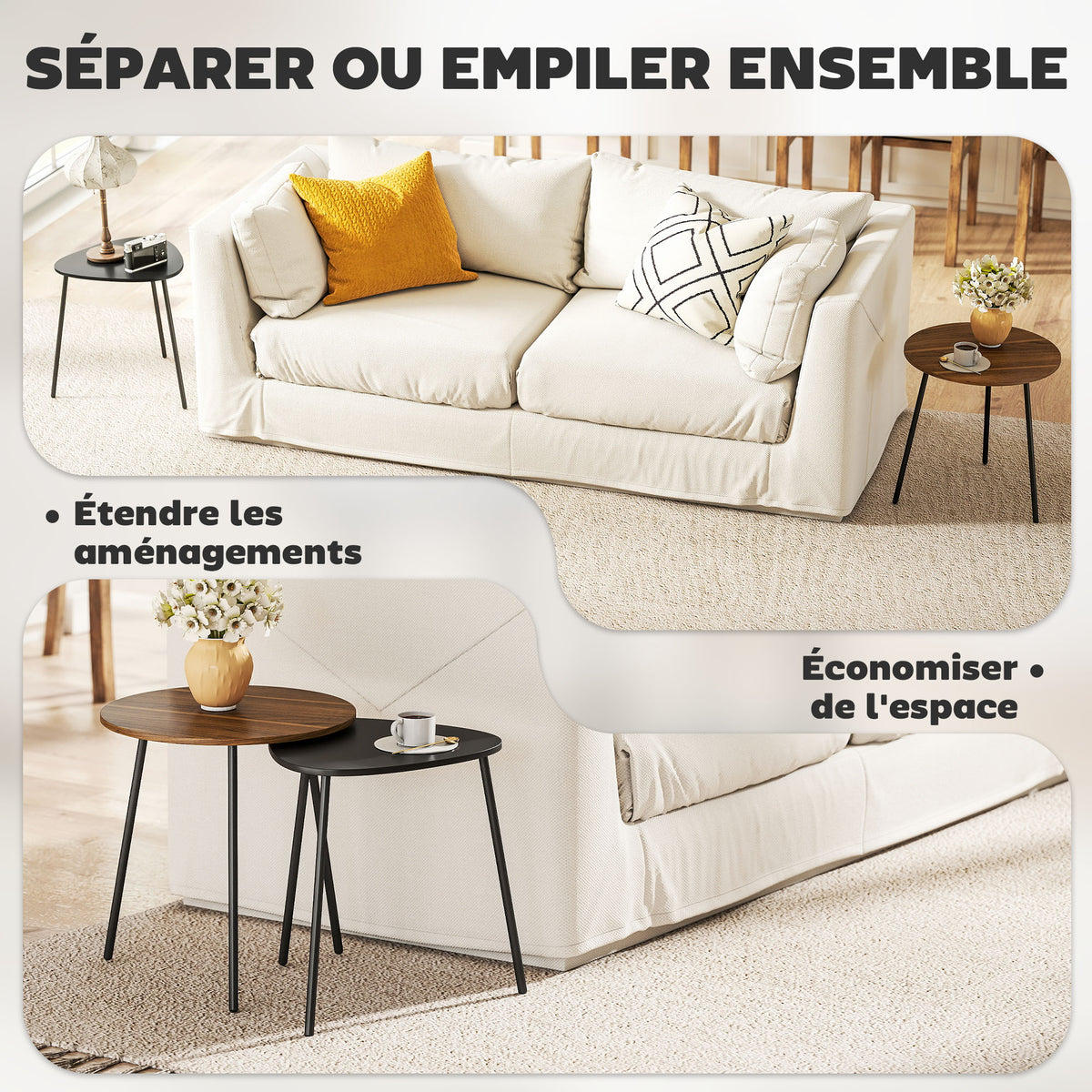 Lot de 2 tables basses gigognes, tables d'appoint contemporain cadre en métal, ronde et triangulaire, noyer et noir