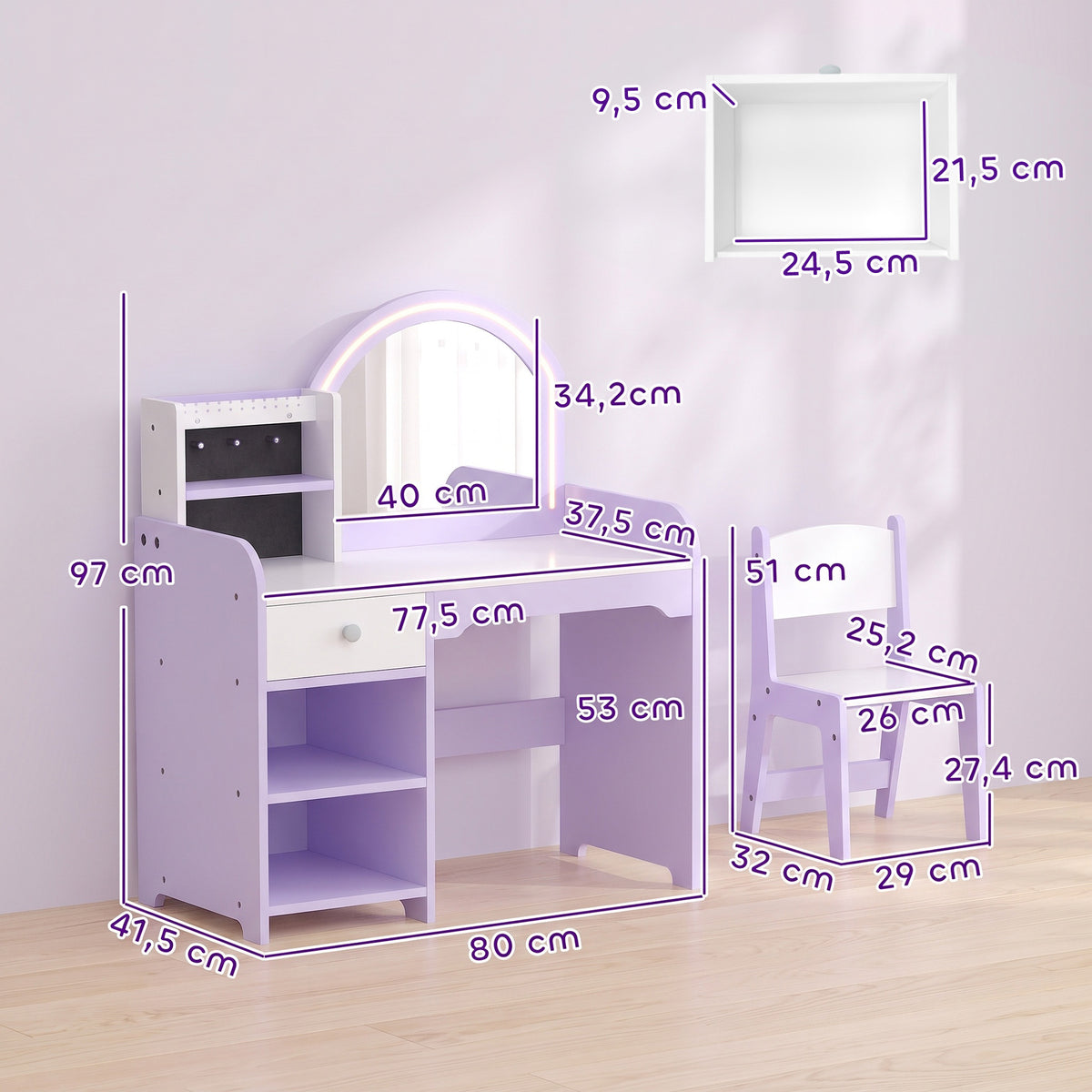 Coiffeuse pour Enfants avec Tabouret et Miroir en Acrylique à Éclairage Bicolore Coiffeuse Bureau Fille 3-8 Ans Violet