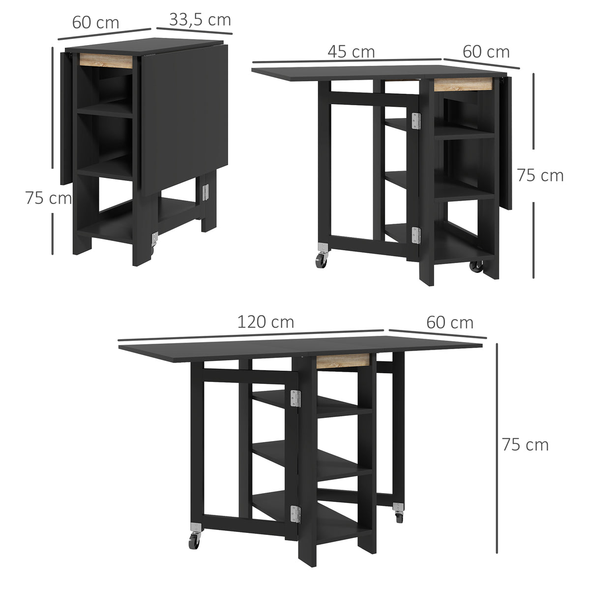 Table de cuisine table de salle à manger pliable amovible 3 étagères 2 abattants design moderne 120 x 60 x 75 cm noir