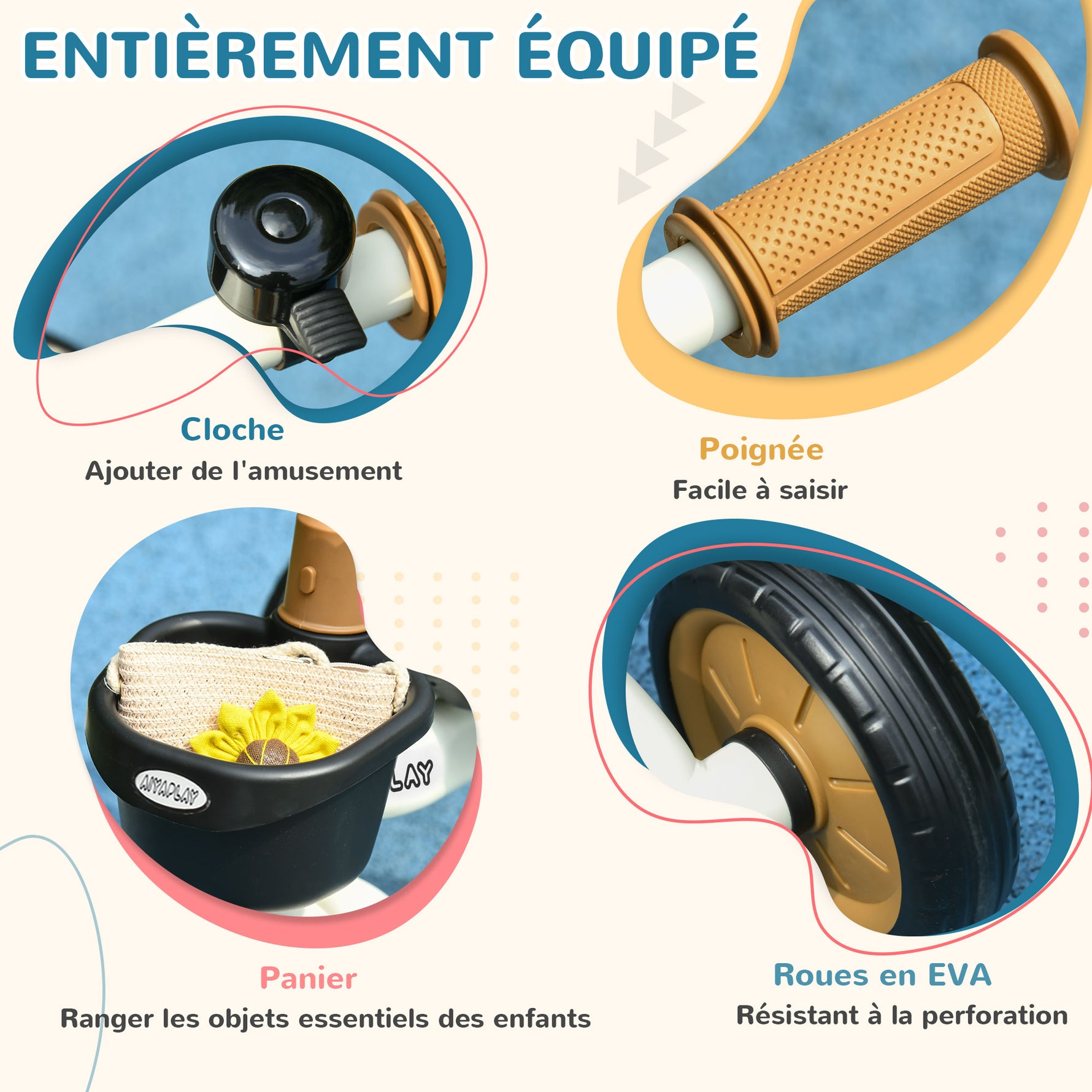 Tricycle enfants avec sonnette et panier selle réglable avec dossier - pour enfant de 2 à 5 ans blanc