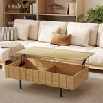 Table Basse Relevable avec 2 Compartiments Cachés et Latéraux Cannelés, Style Mid-Century Modern, 110x55x36,5cm, Chêne