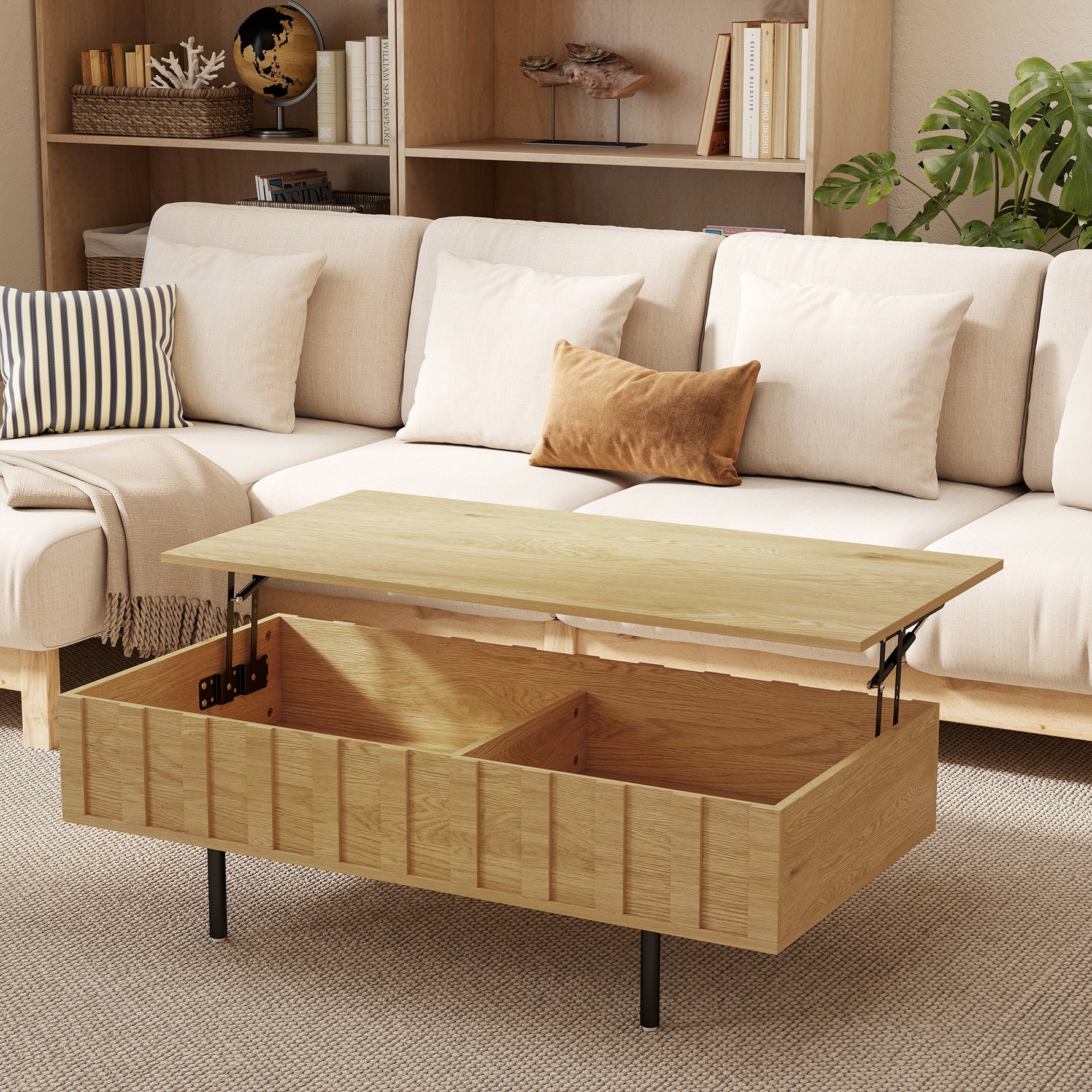 Table Basse Relevable avec 2 Compartiments Cachés et Latéraux Cannelés, Style Mid-Century Modern, 110x55x36,5cm, Chêne