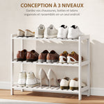Étagère à chaussures, porte-chaussures 3 niveaux, étagères à lattes, en bois de pin， 70 x 26 x 57,5 cm, blanc