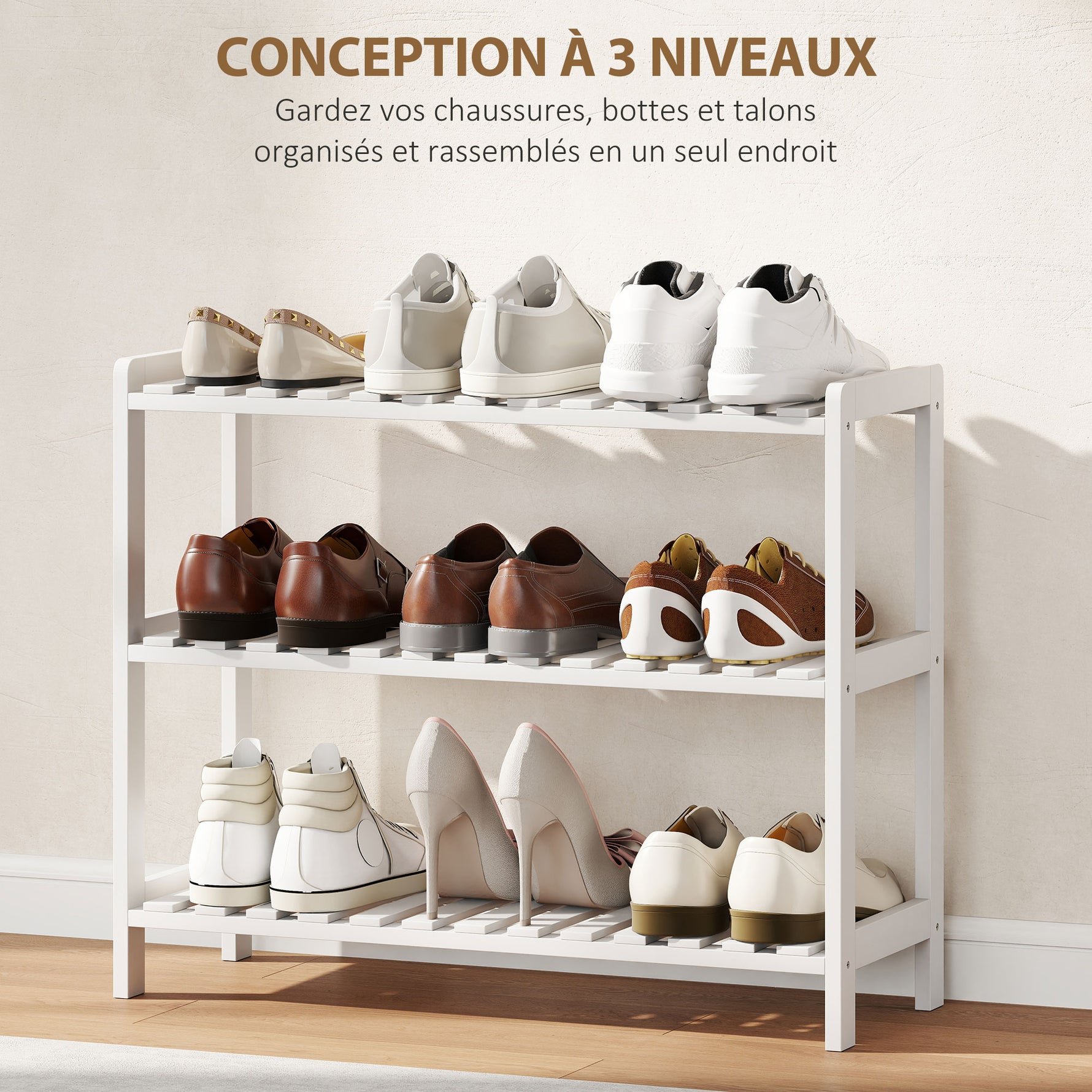 Étagère à chaussures, porte-chaussures 3 niveaux, étagères à lattes, en bois de pin， 70 x 26 x 57,5 cm, blanc