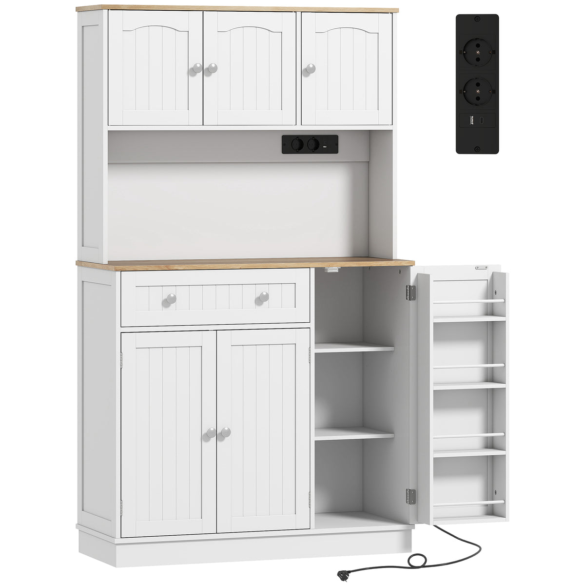 Buffet haut cuisine, armoire de cuisine, station de charge, 6 portes, plan de travail, porte-épices, 100x40x173cm, blanc