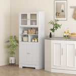 Buffet haut cuisine, armoire de cuisine, 4 portes, niches, étagères réglables, portes en verre, 60 x 30 x 145,5 cm blanc