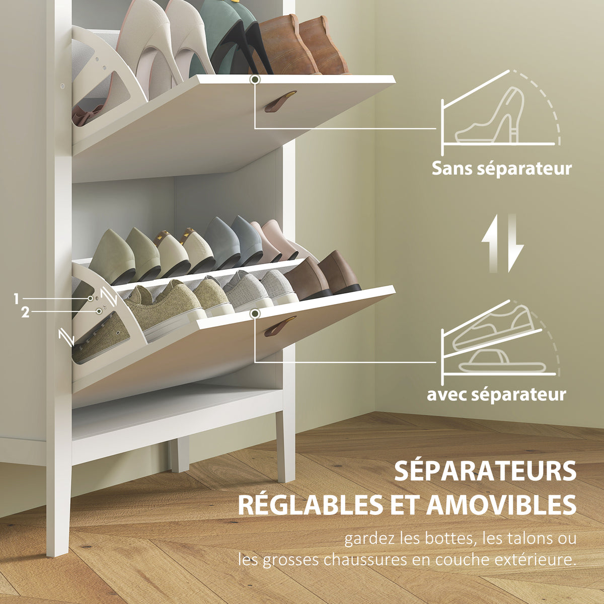 Meuble à chaussures 14 paires, armoire à chaussures avec 2 tiroirs rabattables, étagères amovibles et réglables, blanc