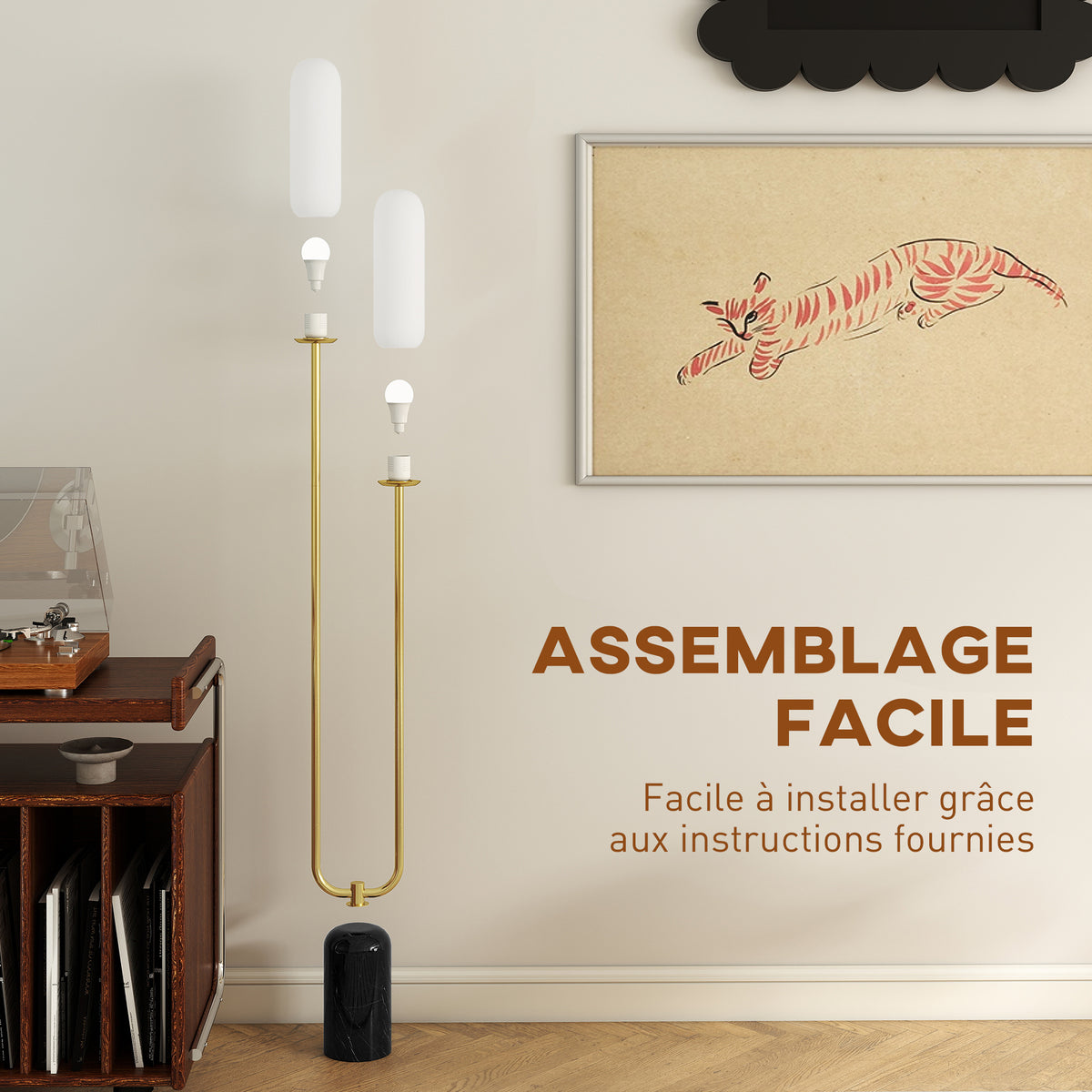 Lampadaire sur pied de salon lampe sur pied avec 2 abat-jours en verre, base en marbre et interrupteur à pied, blanc