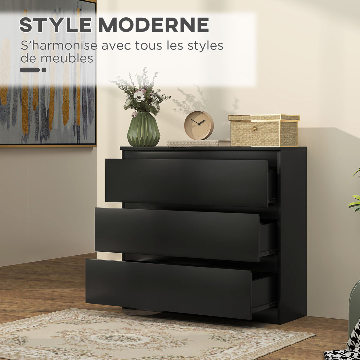 Commode 3 tiroirs, Meuble de rangement épuré pour chambre, intérieur, 80l x 39P x 73H cm