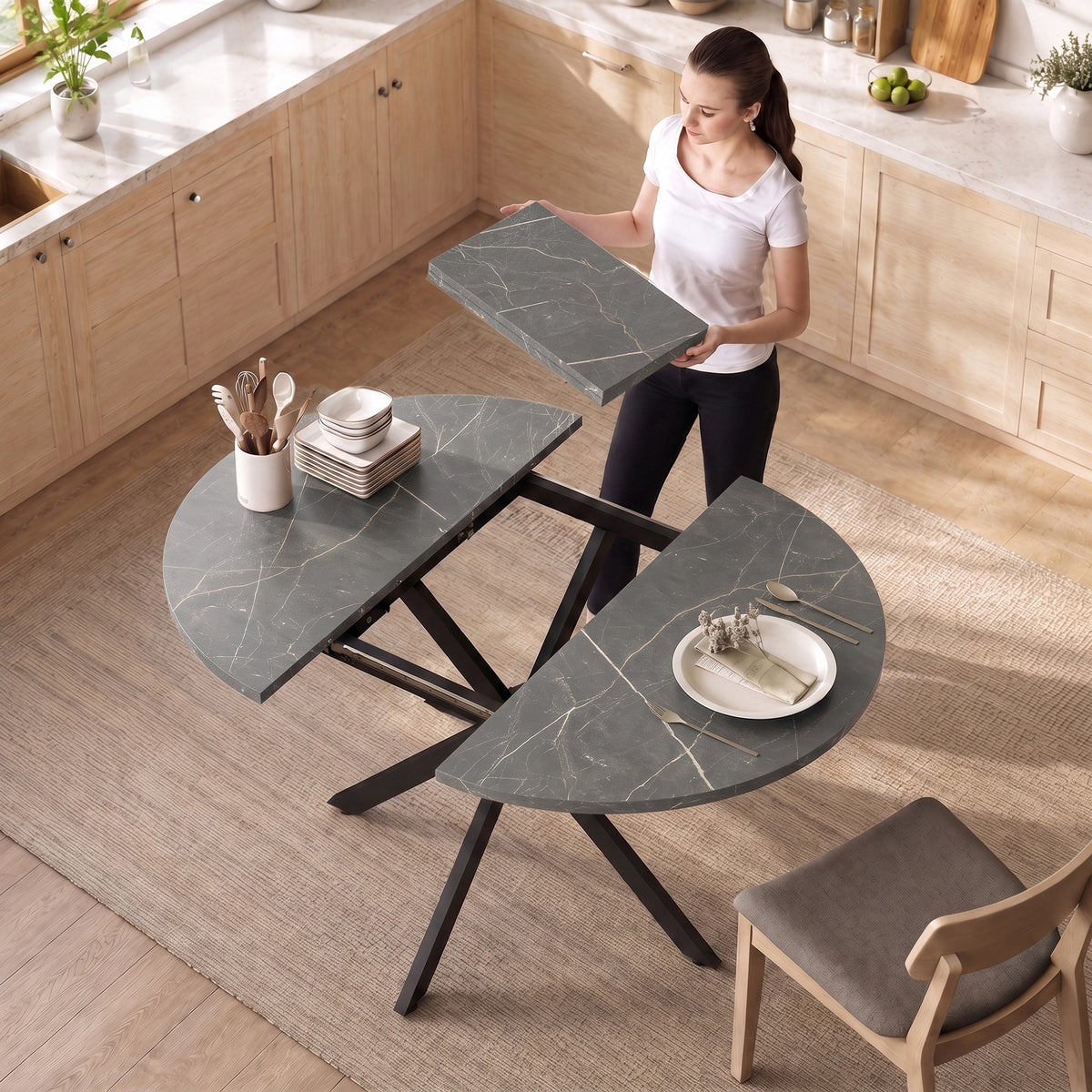 Tavolo da pranzo ovale allungabile per 4-6 persone, tavolo da cucina con allunga 100-135 cm, effetto marmo nero