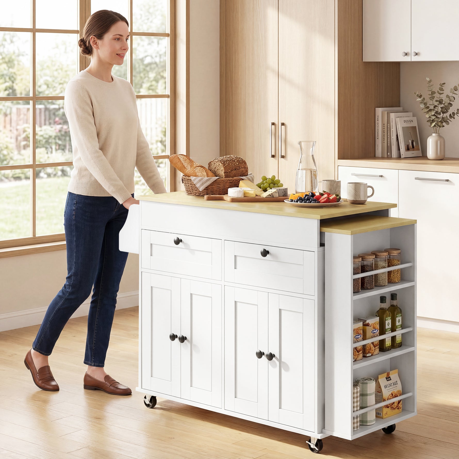 îlot central cuisine avec plateau extensible, desserte de cuisine sur roulettes avec 2 tiroirs, 4 portes, blanc