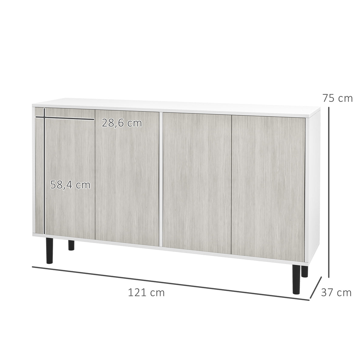 Aparador de cocina mueble de almacenaje 2 armarios con estantes ajustables, 121 x 37 x 75 cm, blanco y aspecto de madera gris