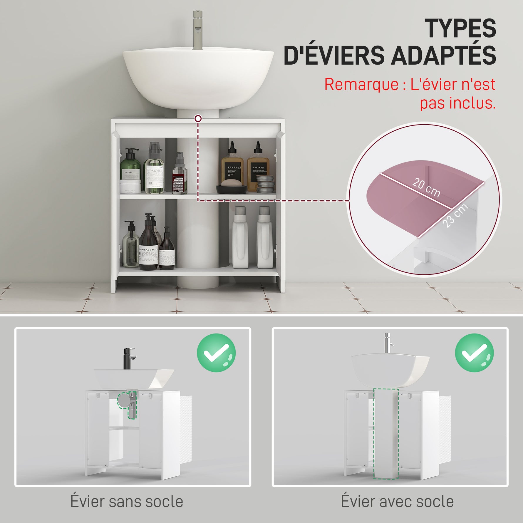 Meuble sous vasque 2 portes avec étagère réglable armoire de rangement pour lavabo 60l x 30P x 60H cm blanc