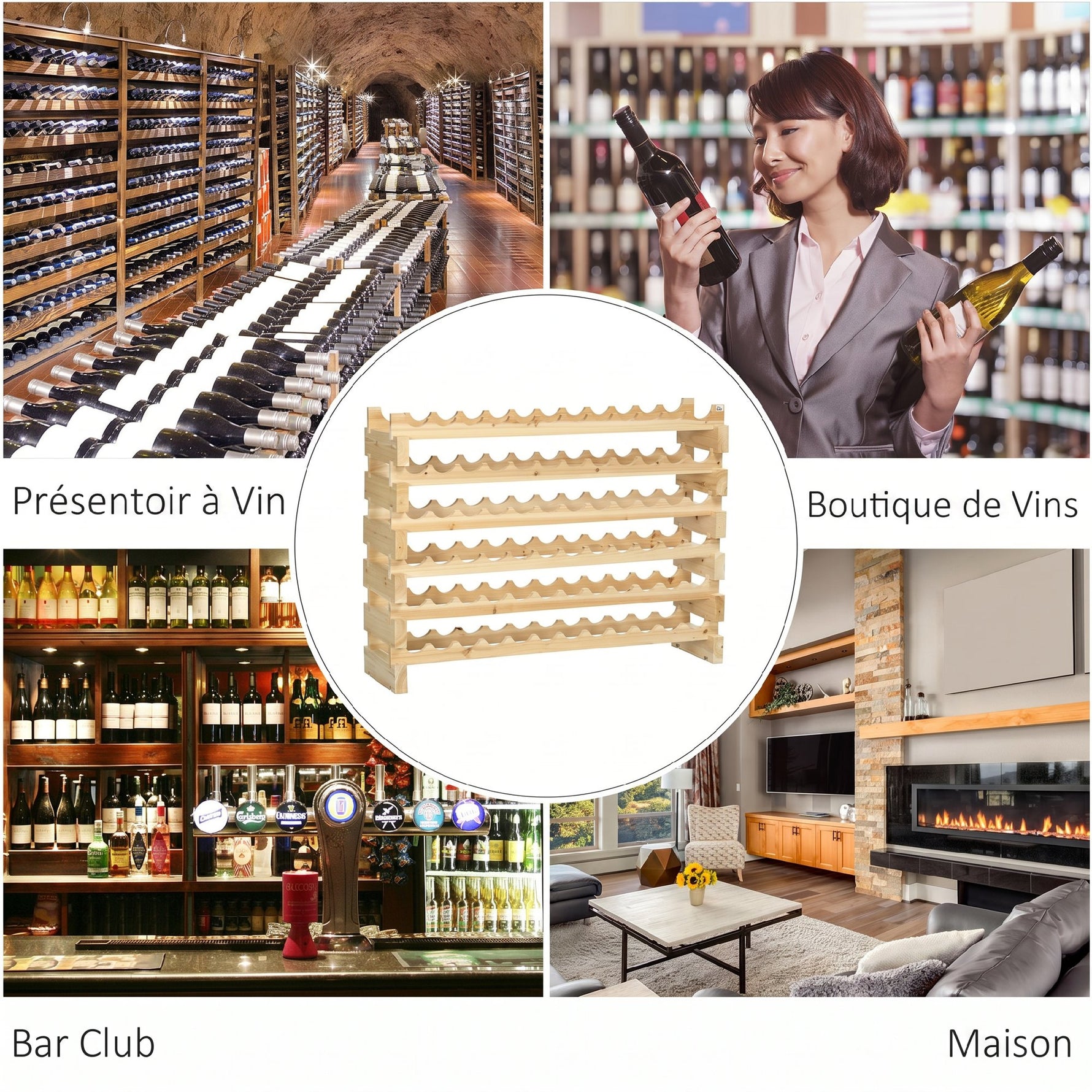 Casier à bouteilles pour 72 bouteilles, étagère à vin avec 6 niveaux modulable et superposable, casier à vin en bois de sapin massif, pour cave, bars, sous-sols, 114x28x85cm, bois naturel