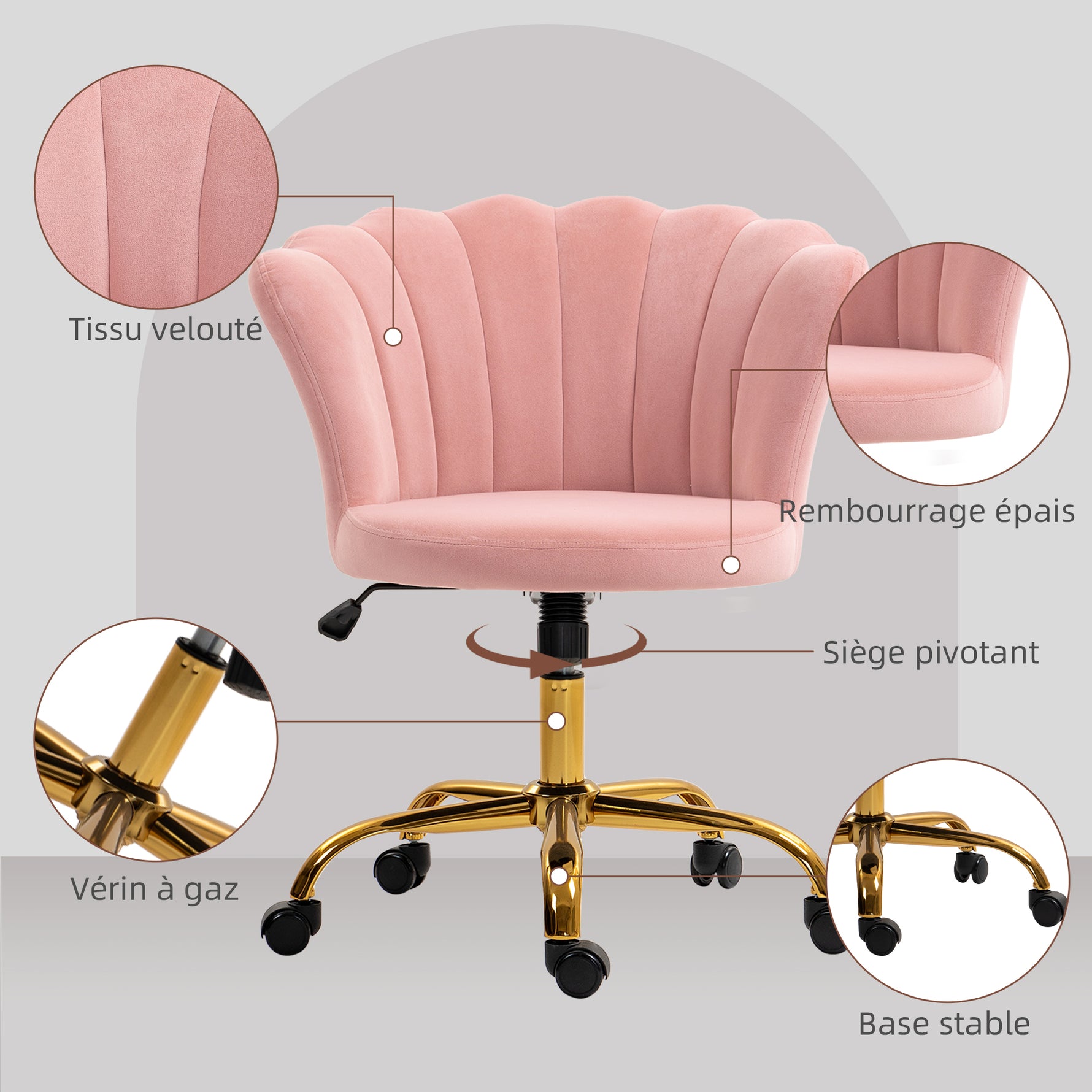 Chaise bureau en velours, chaise coiffeuse avec dossier en pétale, hauteur réglable, 69 x 64 x 80-90 cm, rose