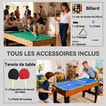 Table MultiJeux 5 en 1 Babyfoot Billard Air Hockey Ping-Pong et Basket Accessoires 134x108x144cm Marron Noyer