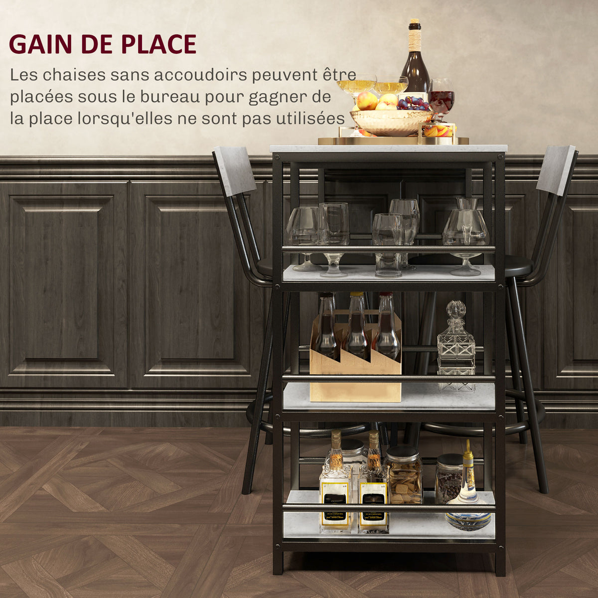 Ensemble table de bar avec 2 tabourets et étagères de rangement pour salle à manger, cuisine, gris et noir