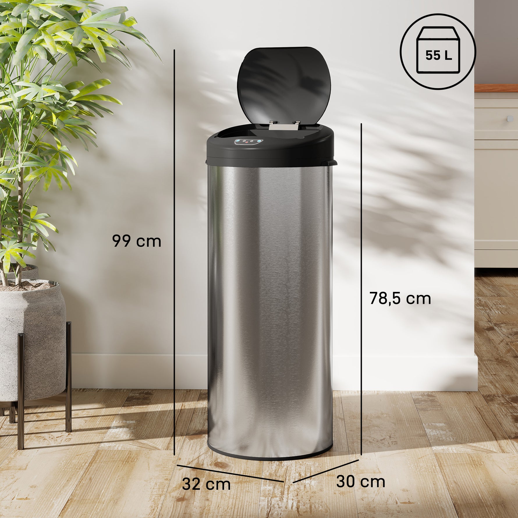 Poubelle de cuisine automatique 55 L en acier inoxydable, couvercle à fermeture en douceur, 32 x 30 x 78,5 cm, argent