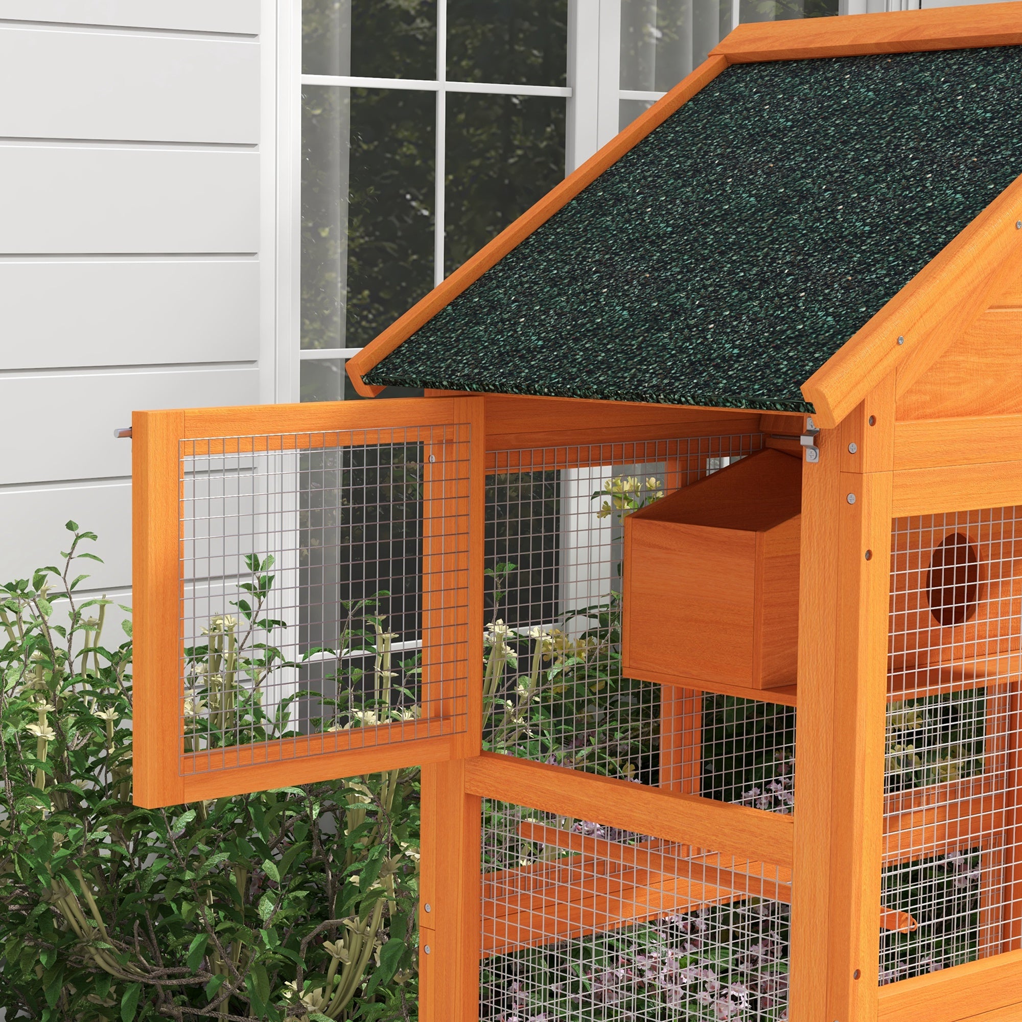 Houten vogelkooi papegaaienkooi speelplaats waterdicht asfalt dak 92 x 52 x 171 cm oranje