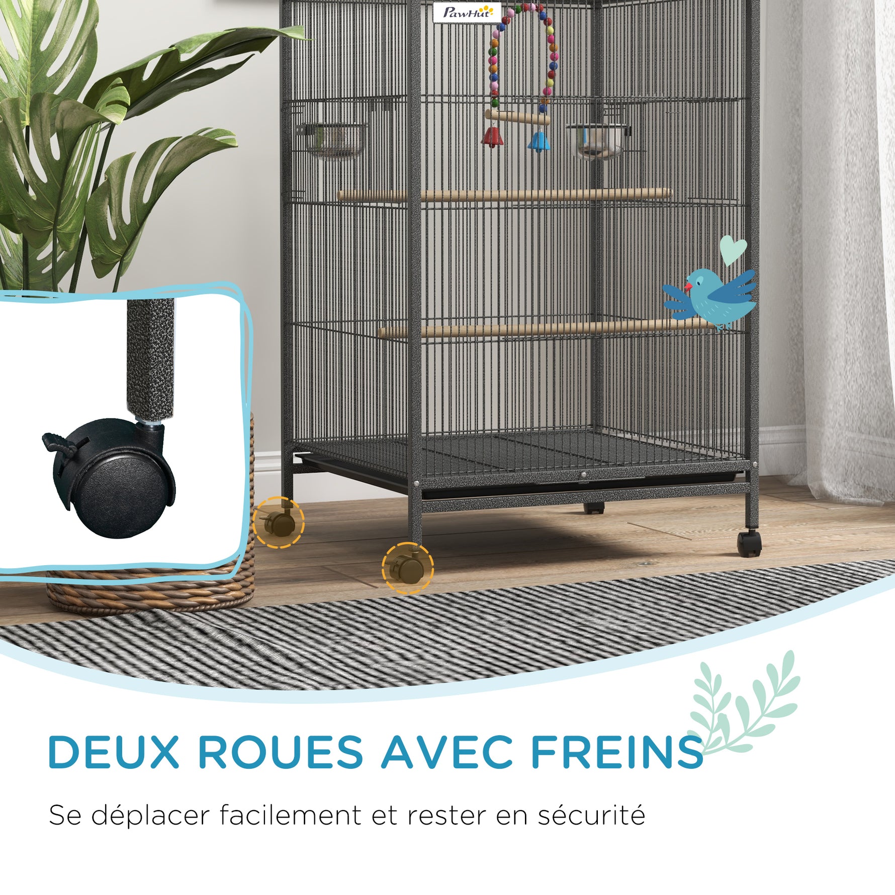 Cage oiseau sur pied cage sur roulettes avec balançoire, perchoirs et plateau coulissant 48 x 46 x 78 cm en acier noir
