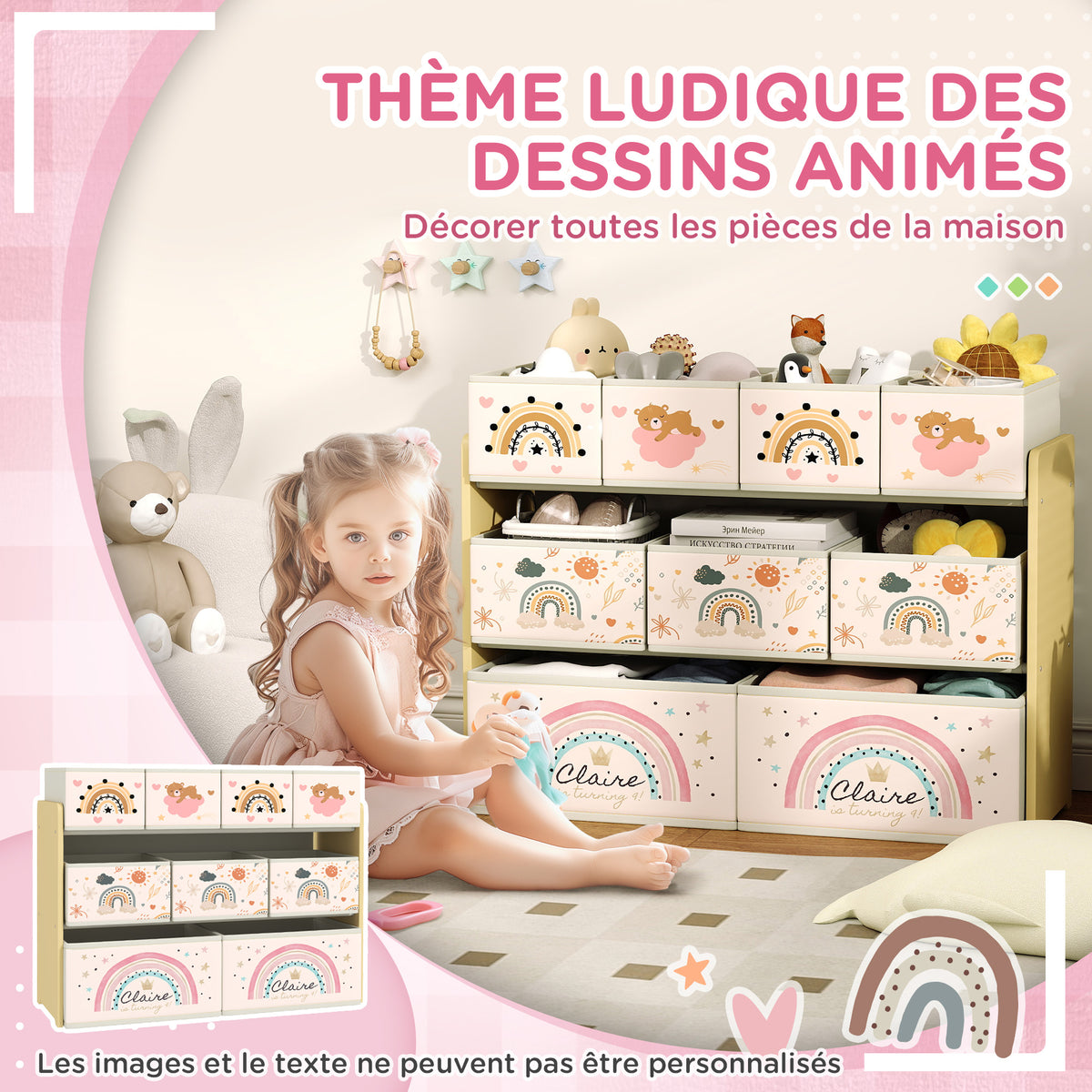 Étagère de rangement enfant étagère à 3 niveaux avec 9 boîtes en tissu non tissé 93 x 30 x 70 cm jaune-5