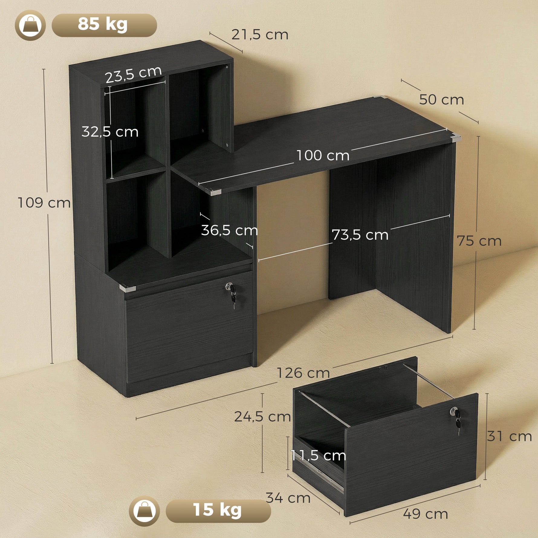 Bureau d'ordinateur avec bibliothèque 4 compartiments et tiroir verrouillable, 126 x 50 x 109 cm, noir