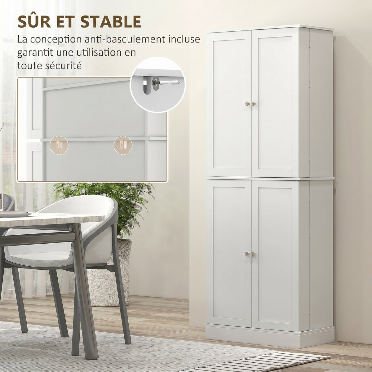 Credenza da cucina mobiletto con armadietti, ripiano regolabile e portaspezie, 60 x 35 x 166 cm, bianco