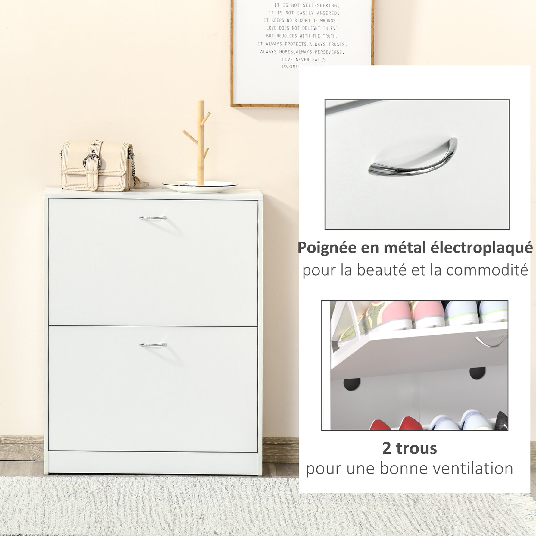 Armoire à Chaussures Meuble à Chaussures dim. 60L x 24l x 80H cm 2 Portes abattantes Blanc