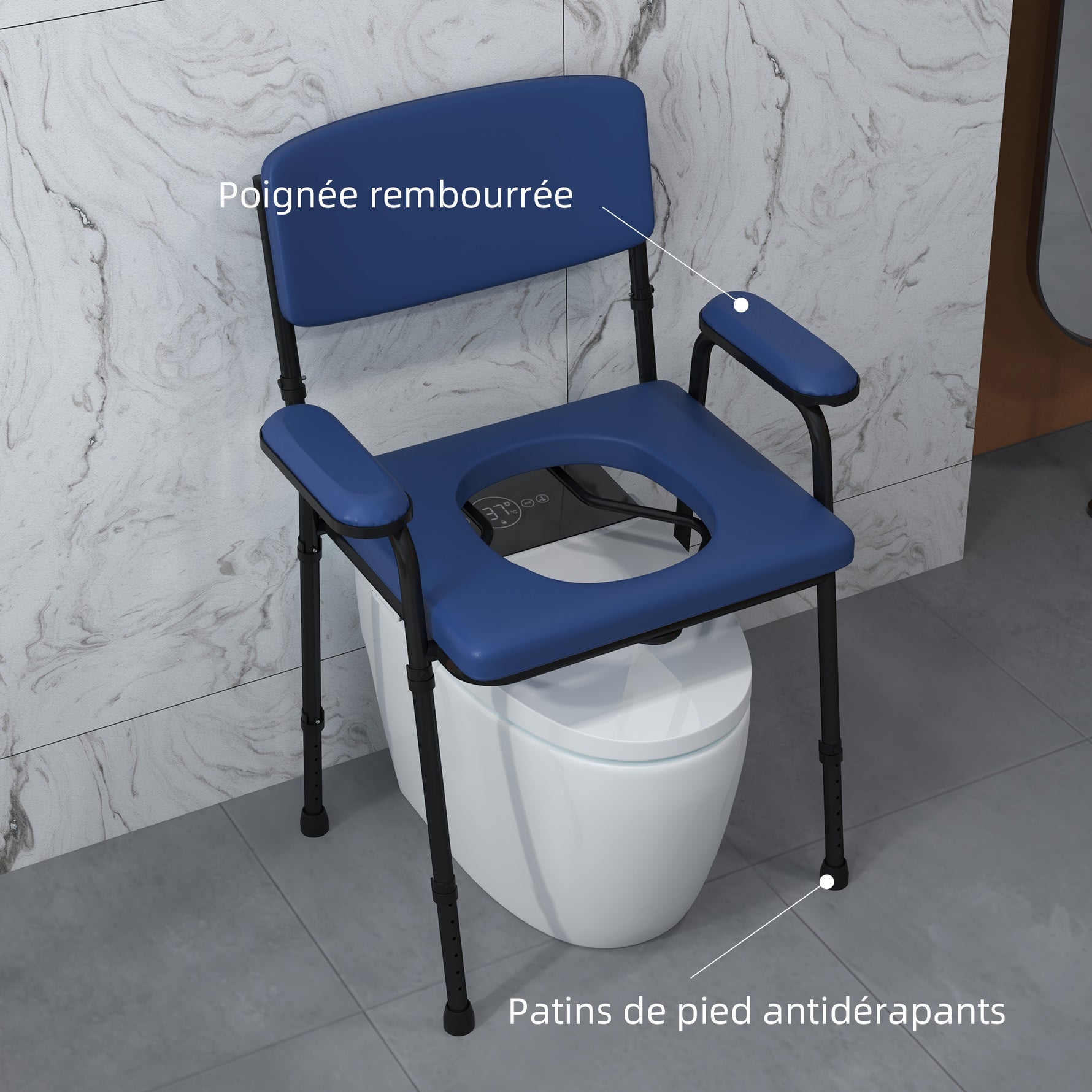 Chaise percée toilette multifonctions seau amovible hauteur réglable avec dossier siège et accoudoirs rembourrés bleu
