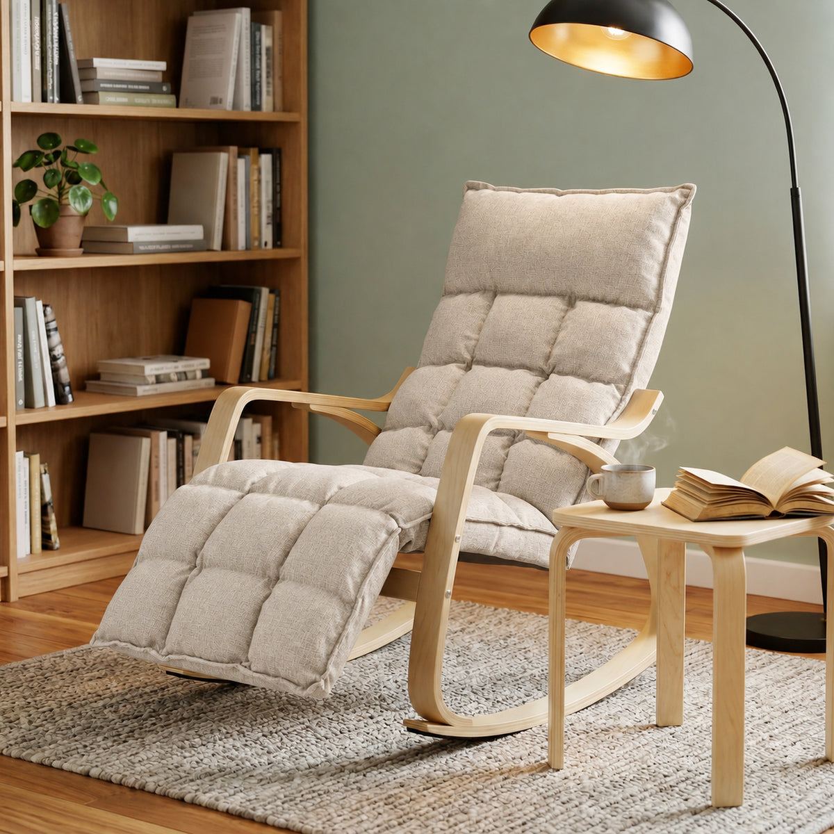 Fauteuil à Bascule avec Repose-Pieds Ajustable, Rocking Chair avec Pieds en Bois de Bouleau, 67x93x105cm, Marron Clair