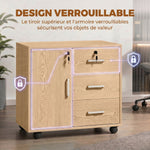 Caisson bureau meuble de rangement verrouillable avec 3 tiroirs et étagère réglable, roulettes, 40 x 60 x 56 cm, marron clair