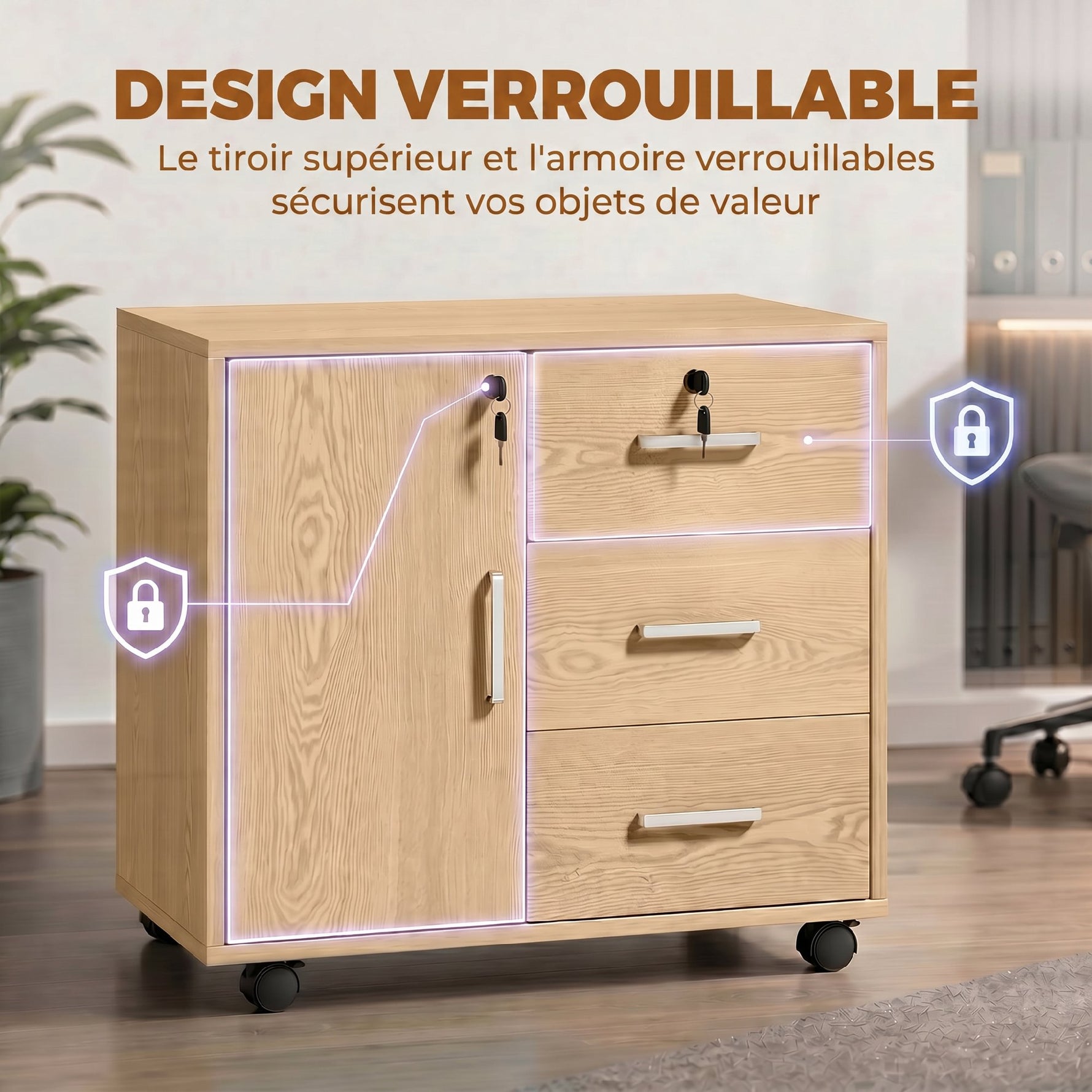 Caisson bureau meuble de rangement verrouillable avec 3 tiroirs et étagère réglable, roulettes, 40 x 60 x 56 cm, marron clair