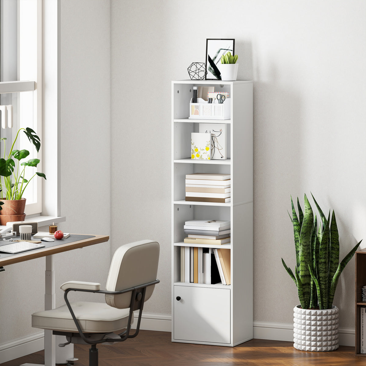Bibliothèque meuble de rangement 6 niveaux avec 3 étagères réglables et placard, style moderne 40 x 30 x 156 cm blanc