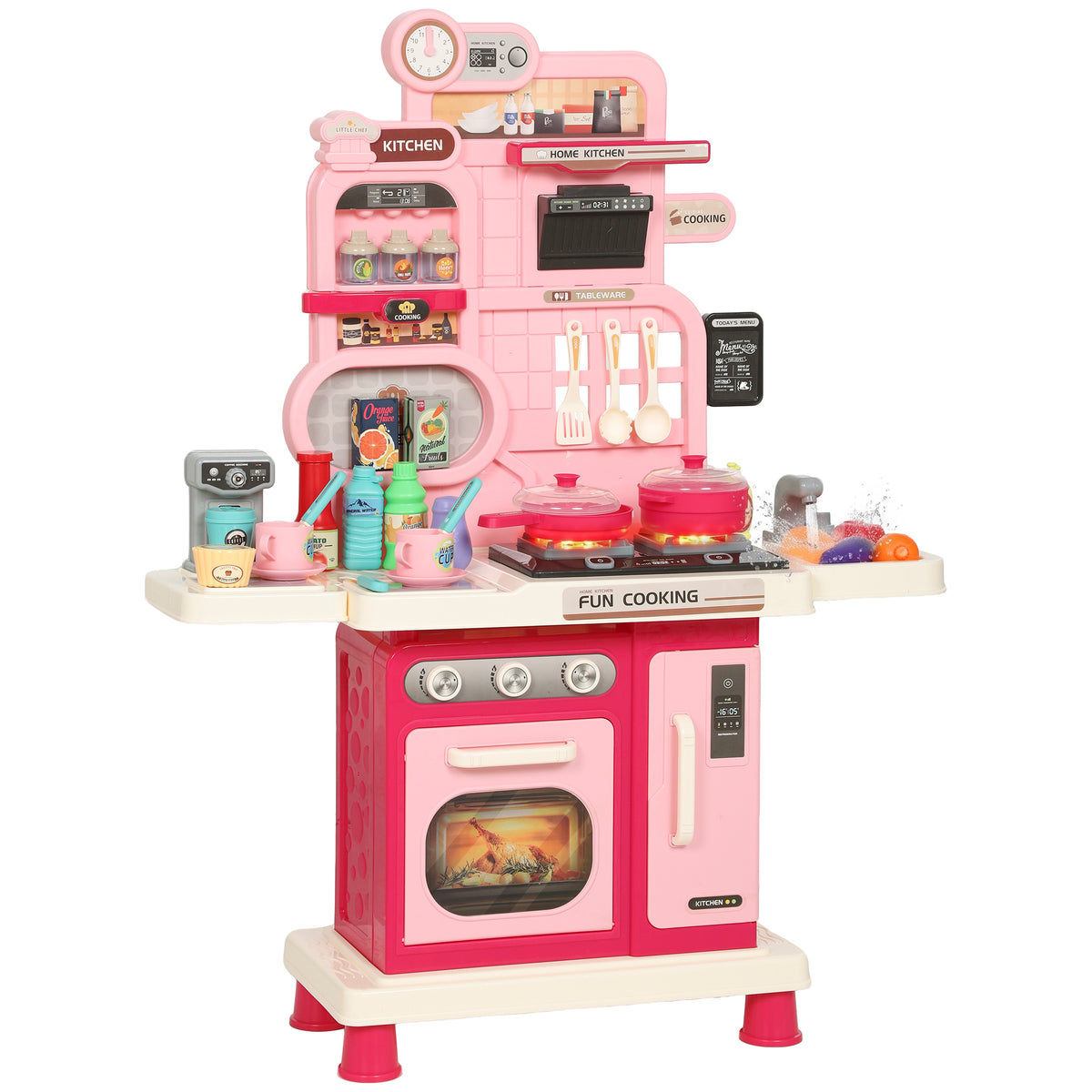 Cuisine pour Enfants Interactive, 33 Accessoires, avec Sons, Lumières, Rangement, 3-6 Ans, 67x25x87cm, Rose