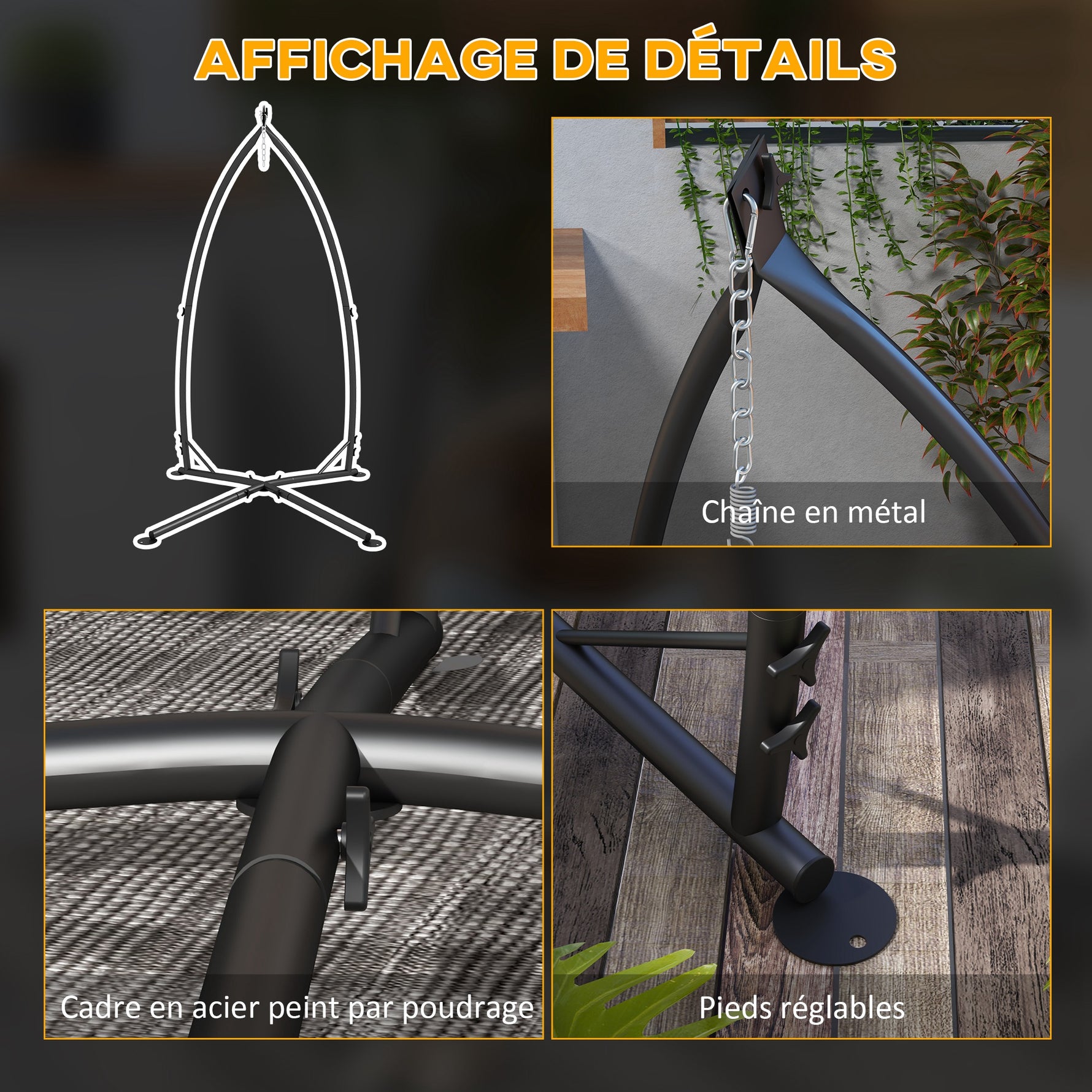 Support pour Fauteuil Suspendu - Pied Fauteuil Suspendu, hauteur 215 cm - Charge Max. recommandée 130 Kg, métal noir