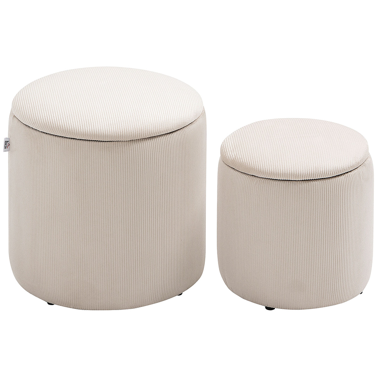 Lot de 2 poufs tabourets repose-pieds coffre de rangement en tissu aspect velours côtelé Ø40 cm et Ø30 cm, crème