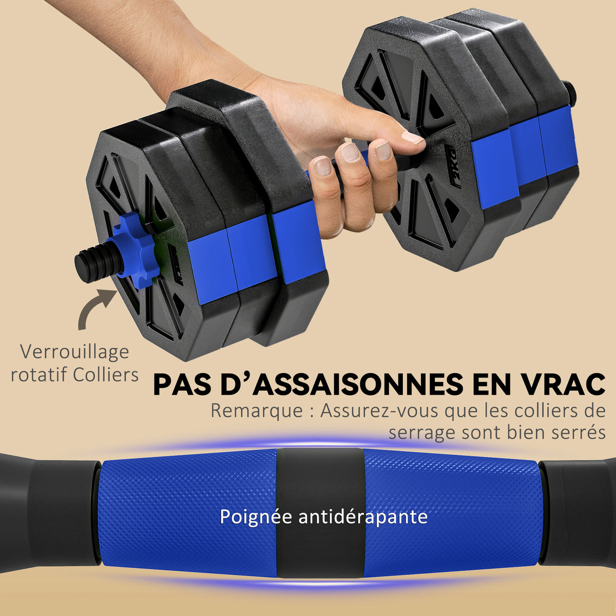 Ensemble d'haltères musculation 6-en-1 haltère réglable 20 kg kettlebell, barre de musculation support pour pompes bleu