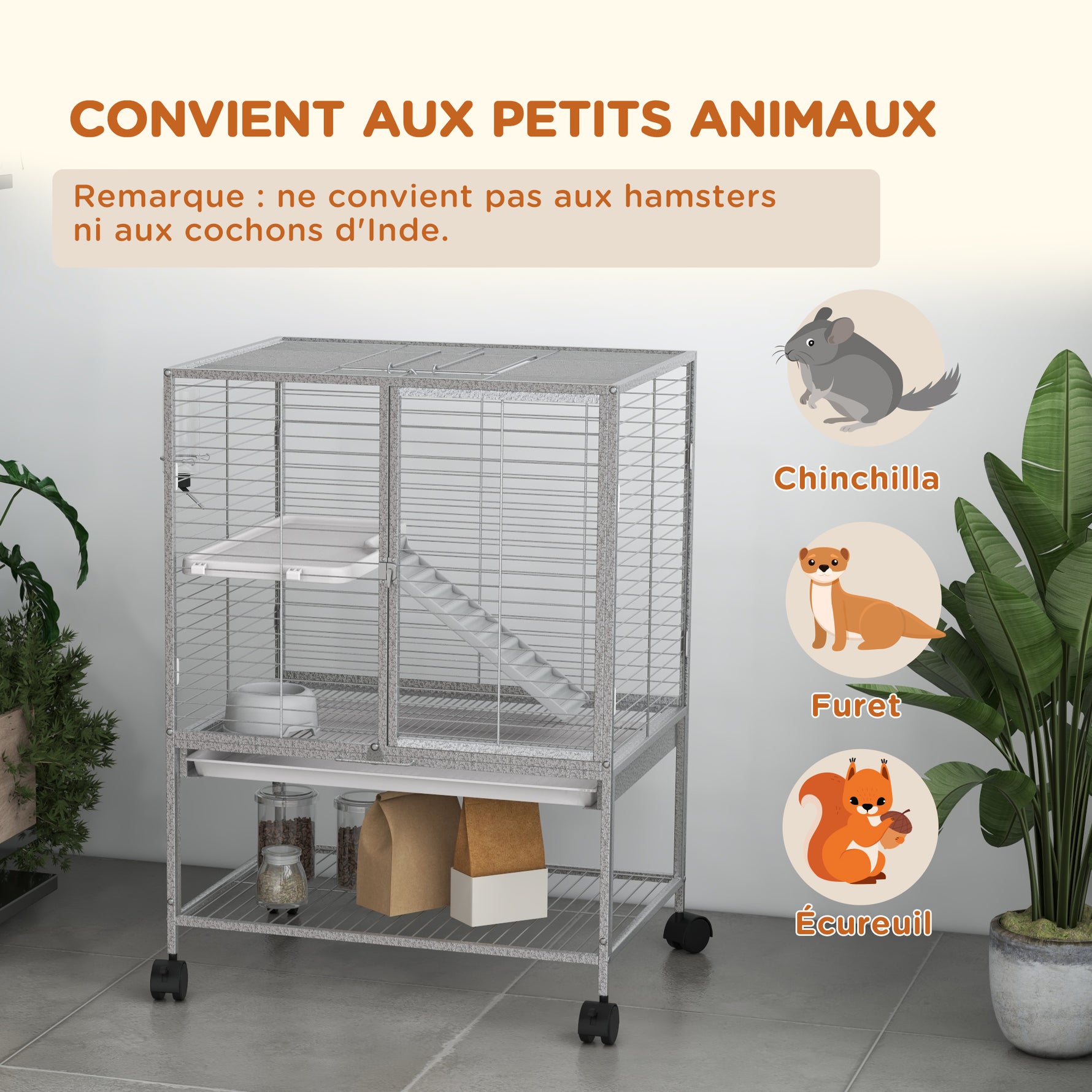 Cage pour petits animaux sur roulettes 2 niveaux avec 2 portes, 1 rampe, 1 étagère de rangement 61,5 x 44,5 x 86 cm gris