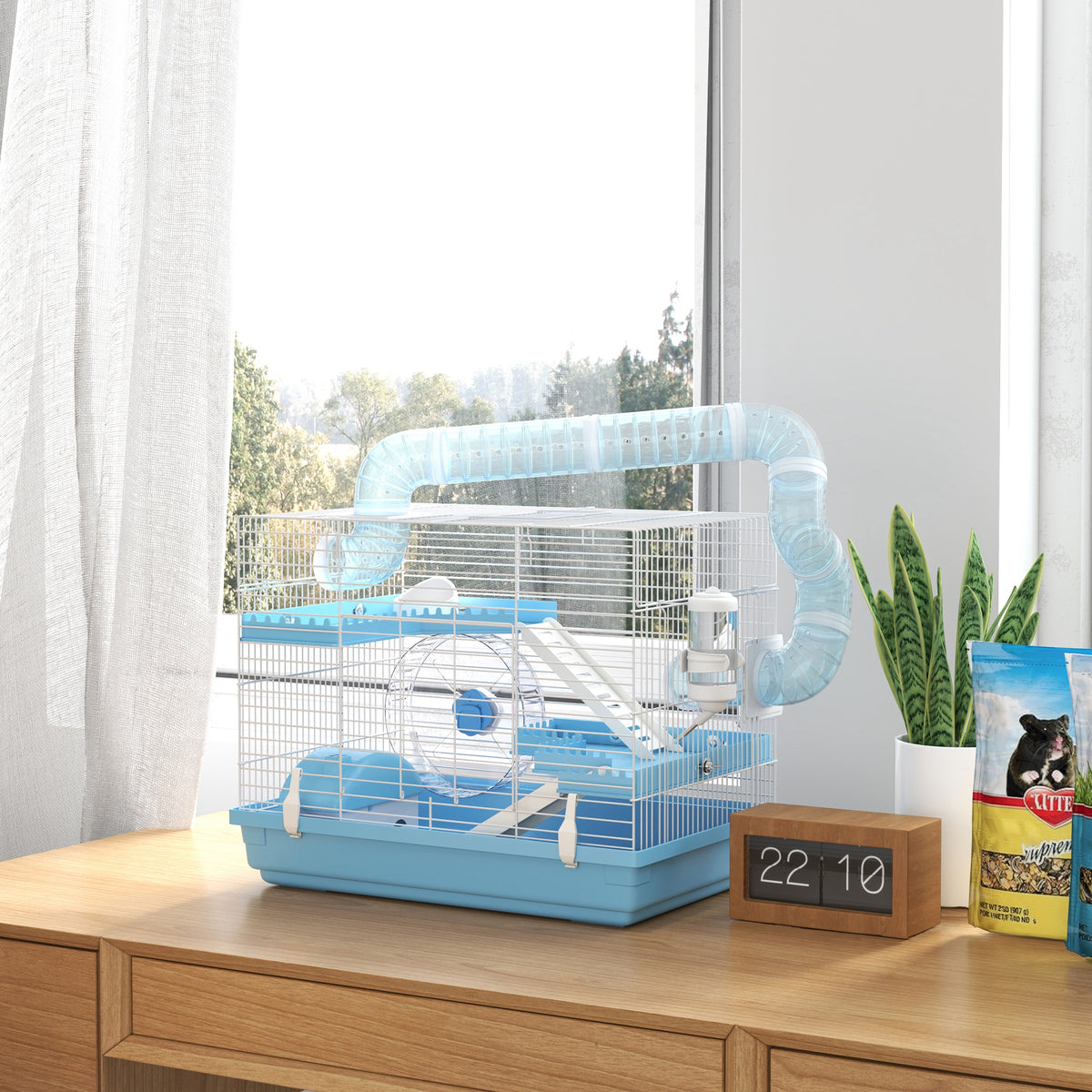 Cage pour hamster portable avec cabane, roue de course, gamelle, bouteille d'eau, 47,5 x 31,5 x 29,5 cm, bleu clair